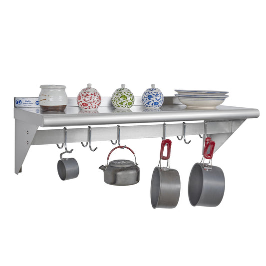 Hally Stainless Steel Shelf with 6 Hooks 12" x 36" Wall Mounted Pot Rack, NSF Commercial Floating Shelving for Storage Hanging Pots, Pans, cookware in Restaurant, Kitchen, Home and Hotel