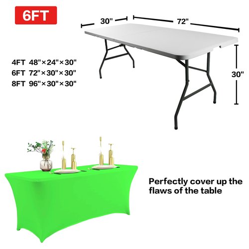 IVAPUPU 2 Pack 4FT Table Cloth for Rectangular Fitted Events Stretch Green Table Covers Washable Cover Spandex Tablecloth Protector for Party, Wedding, Cocktail, Banquet, Festival