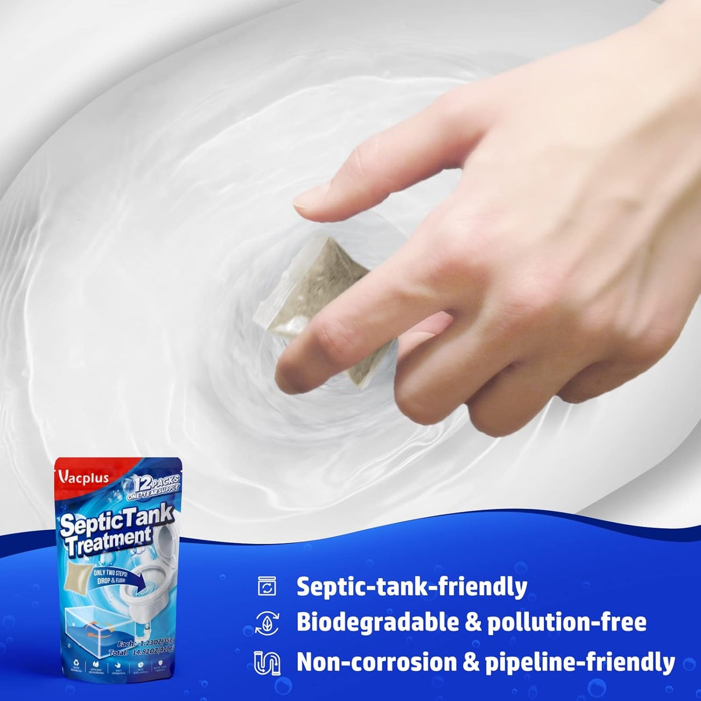 Vacplus Septic Tank Treatment - 12 Dissolvable Packs for 1-Year Supply | Biodegradable Enzymes for Waste & Odor Control