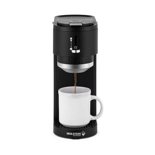 Holstein Housewares 2-in-1 Single Serve Coffee Maker, Dual Brew, Compatible with K-Cup Pods & Ground Coffee, Reusable Filter Included, Compact Drip Coffee Machine, 14oz Tank, Fits Most Cups - White