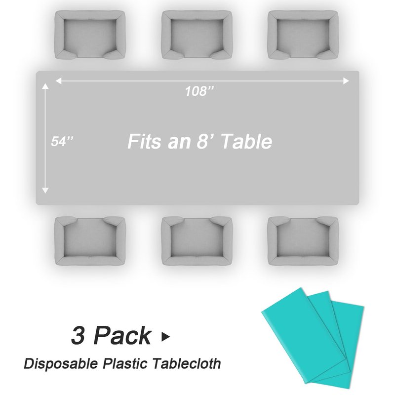 QIKSION Teal Plastic Table Cloth Disposable 3 Pack, 54 x 108 Inch Tablecloths for Easter Party, Summer, Turquoise Rectangle Table Cover
