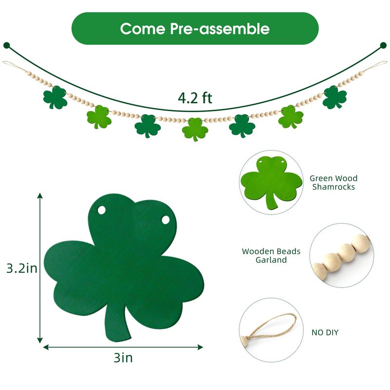 St Patricks Day Decorations St Patricks Day Decor Pre-Assembled Irish Wooden Beads Shamrock Garland Decorations for Mantel Wall Decor March Celebration Home Party Birthday