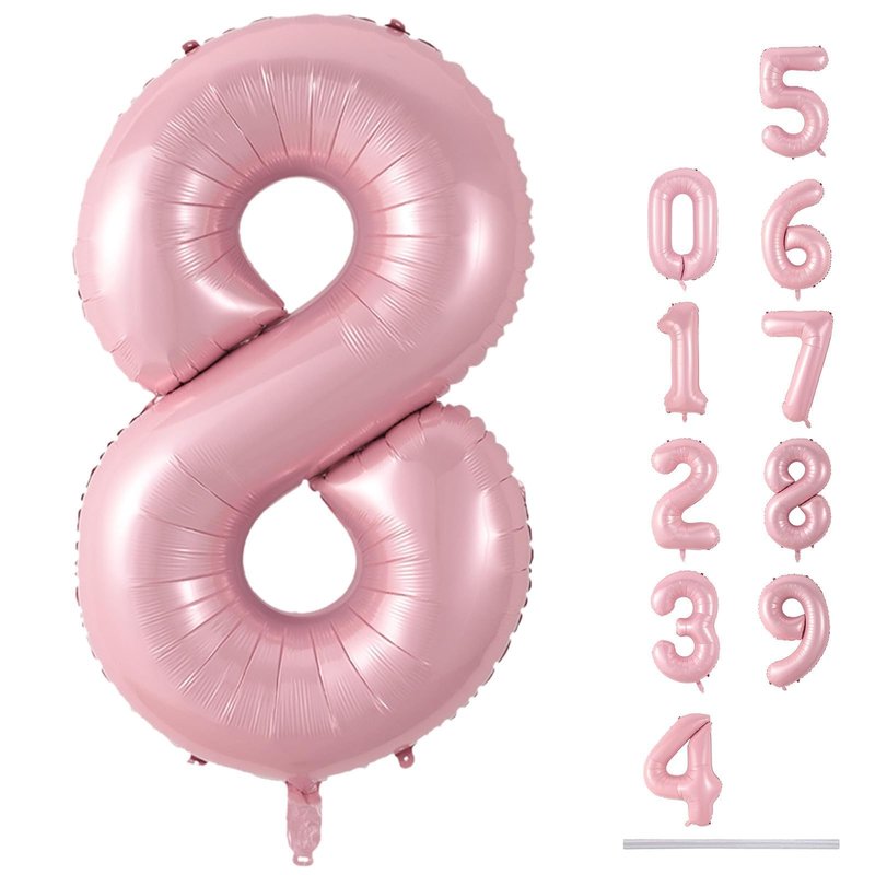 Pastel Pink 8 Balloons, 40" Giant Helium Foil Number 0-9 Light Pink Birthday Balloon for Girls, Self Inflating Digit 8 Balloons for Women Anniversary Graduation Princess Party Decorations Supplies