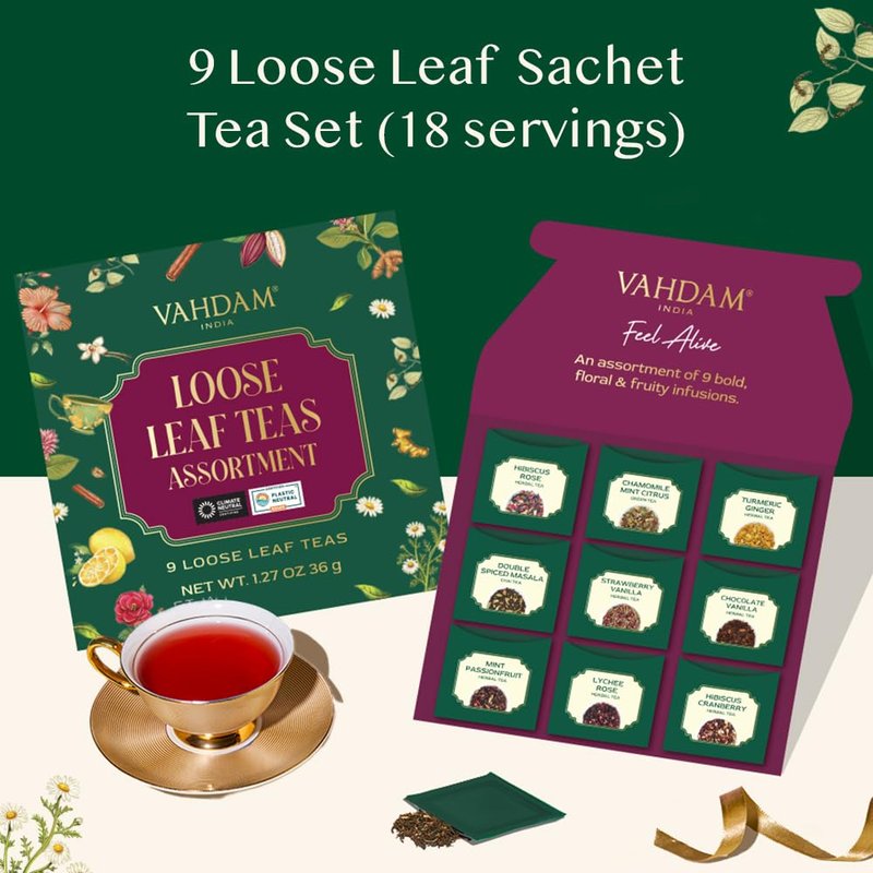 VAHDAM Mother’s Day Gift – Top 9 Exotic Loose Leaf Tea Sampler (18+ Cups) – Floral & Fruity Blends – Hot & Iced Tea Variety Pack | Gift for Mom & Women