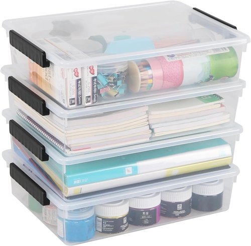 Clear Storage Bins - 4 Pack Flat Plastic Latching Containers with Lids | 6 Quart Stackable