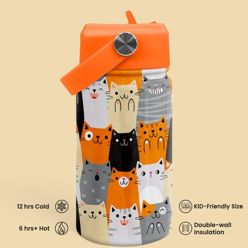 Cat Water Bottle - Kids Water Bottle with Straw Lid - 12 Oz Insulated Stainless Steel Water Bottles for Kid Boys Girl - Travel Cup for School Sports