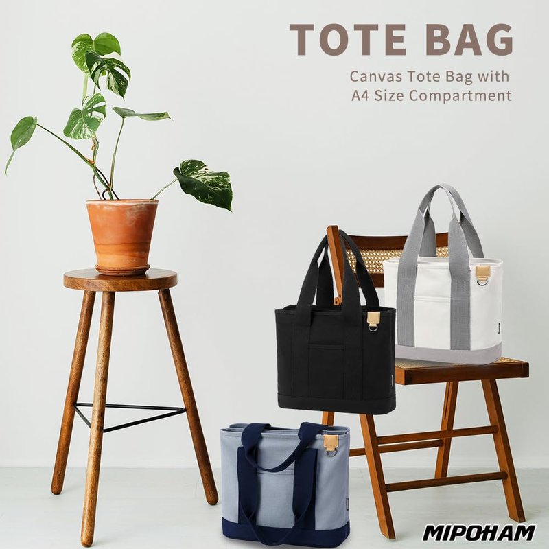 MIPOHAM Canvas Tote Bag for Women, Small Tote Bag with Zipper, 12.5 x 10.8 x 5.9 inches, Black