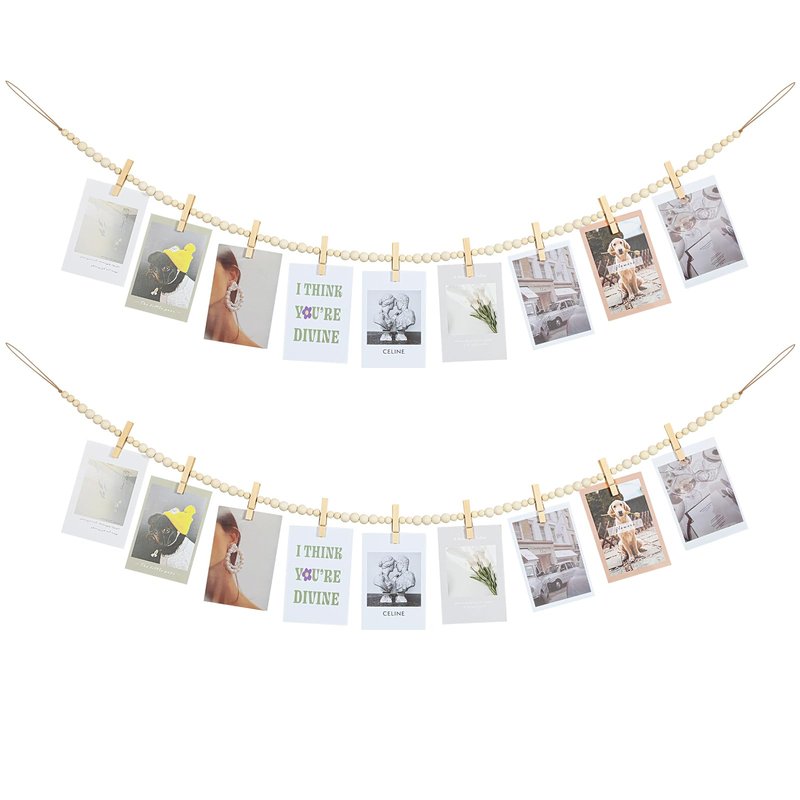 KLOGTSIND Hanging Photo Display Wall Decor, 2PCS Boho Wooden Bead Garland Collage Picture Frame with 9 Wood Clips for Bedroom, Living Room, Office, Dorm Decor, Photos Holder Teen Girl Gifts