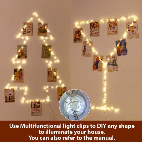 HXWEIYE Warm White Photo Clips String Light, Timer & 8 Modes, 33Ft 100LEDs Battery Powered Fairy Light with 52 Clear Clips & 12 Hooks on Wall for Hanging Picture,Bedroom Party