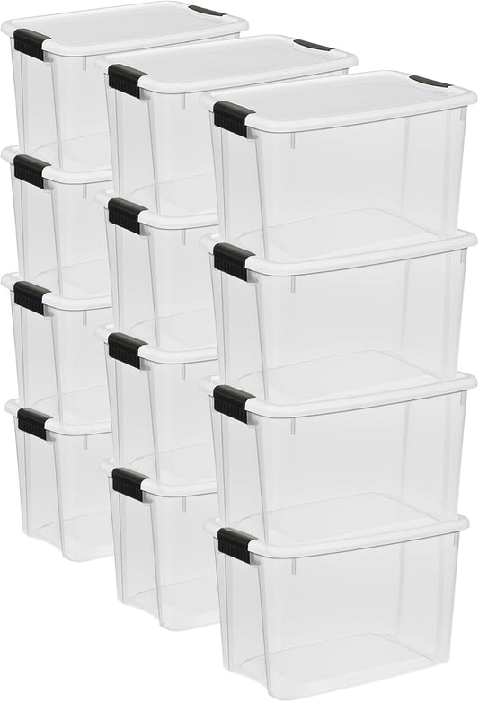 Sterilite 12-Pack Ultra Latching Storage Bins - Clear Plastic 30 Quart Heavy-Duty Organizers for Home & Office