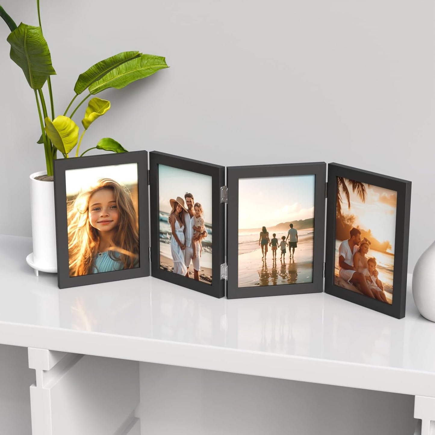 WARM&LOVE 4x6 Rustic Wood Picture Frame - Four Folding Hinged Family Photo Collage Stand | Perfect Gift for Birthdays