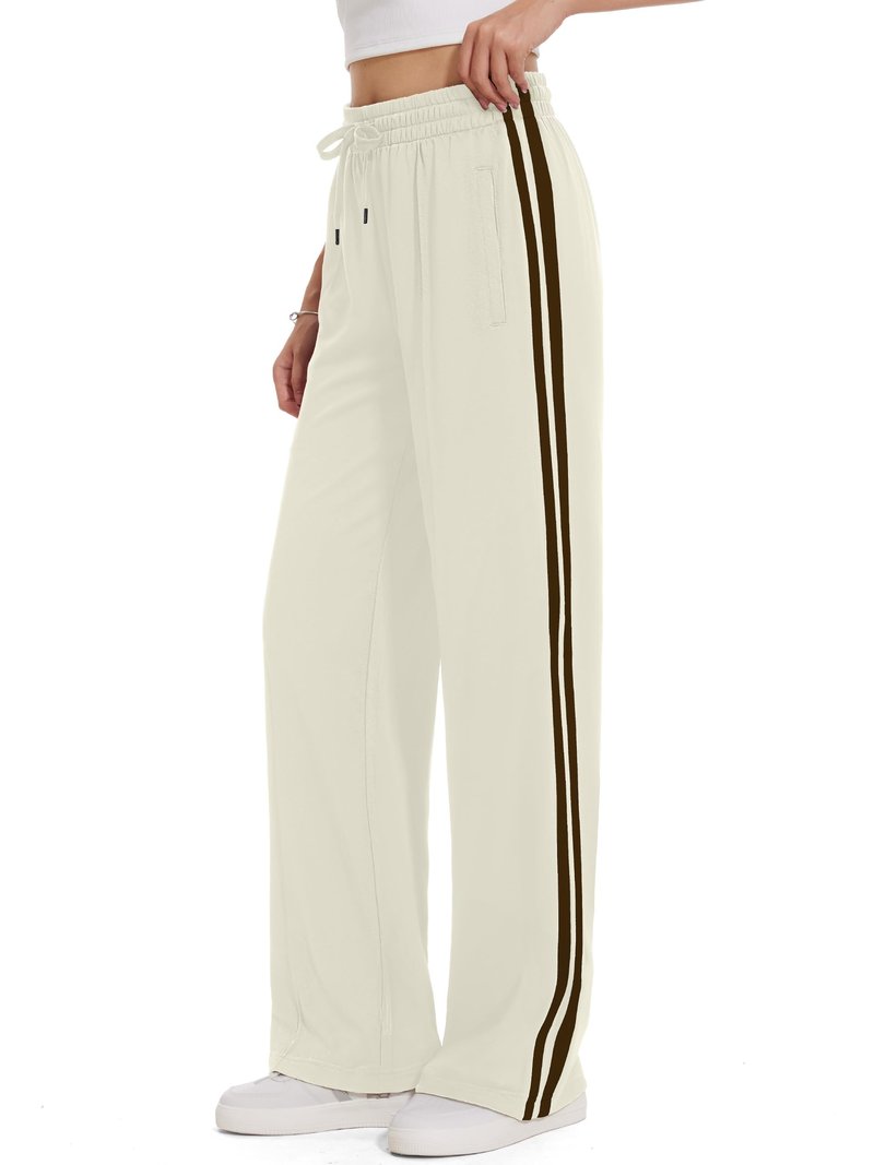 Tapata Regular Women's 30" Inseam Casual Pants Track Athletic Sweatpants Warm Up Loose Side Stripe Street Slacks, Beige, M