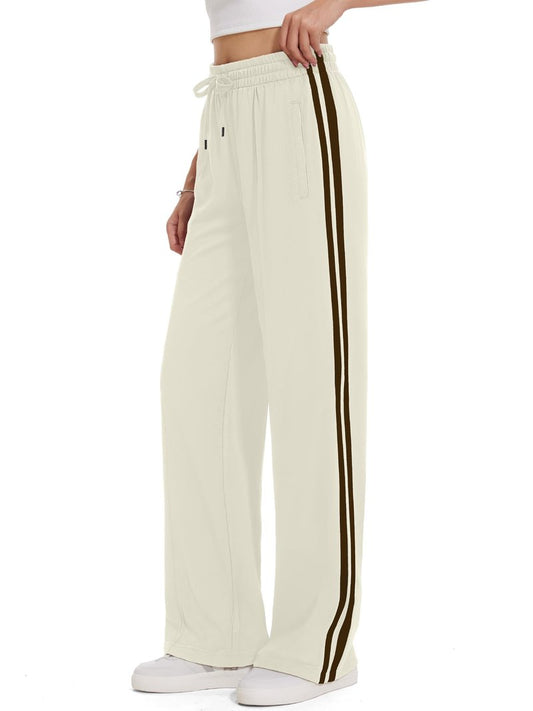 Tapata Regular Women's 30" Inseam Casual Pants Track Athletic Sweatpants Warm Up Loose Side Stripe Street Slacks, Beige, M