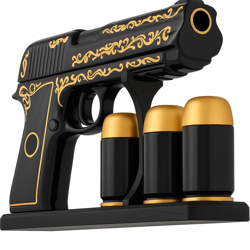 Gifts for Men Dad Hand Painted Gun Whiskey Decanter Set & Shot Glass - Black & Gold & 3 Bullet Shots - Unique Birthday Christmas Gift for Brother, Cool Anniversary Present Him Husband, Pistol Liquor
