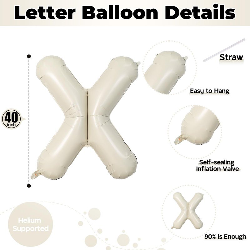 Giant Alphabet X Foil Name Balloons, Cream Ivory White Inflatable Word X Letters for Birthday Decor, 40 Inch Mylar Beige A-Z Custom Letter for Girls Baby Shower Party Decoration Supplies