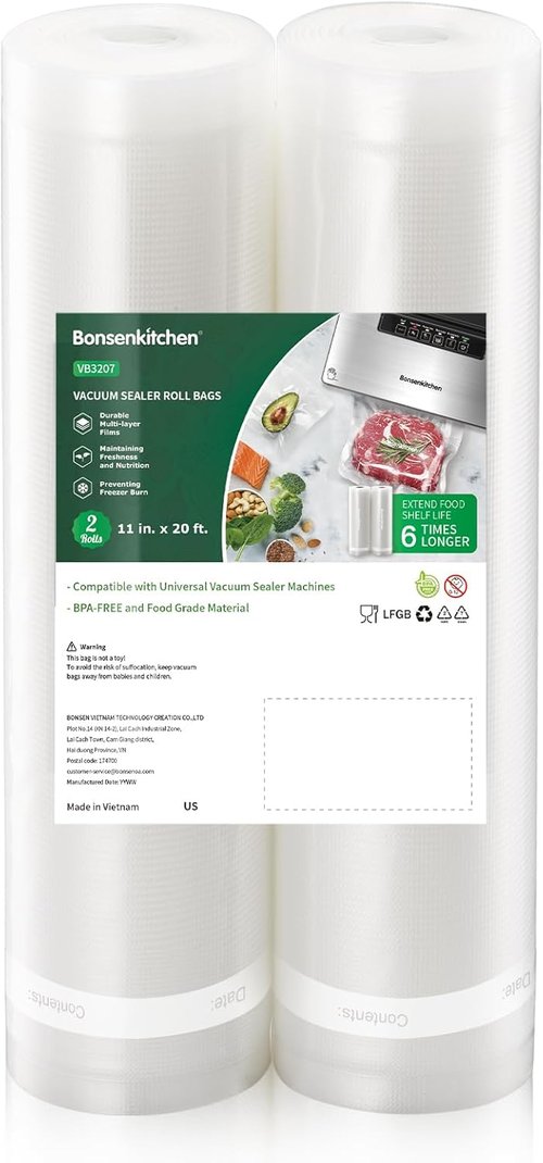 Bonsenkitchen Vacuum Sealer Bags - Heavy Duty 11" x 20' Rolls | BPA Free Food Storage & Sous Vide Cooking