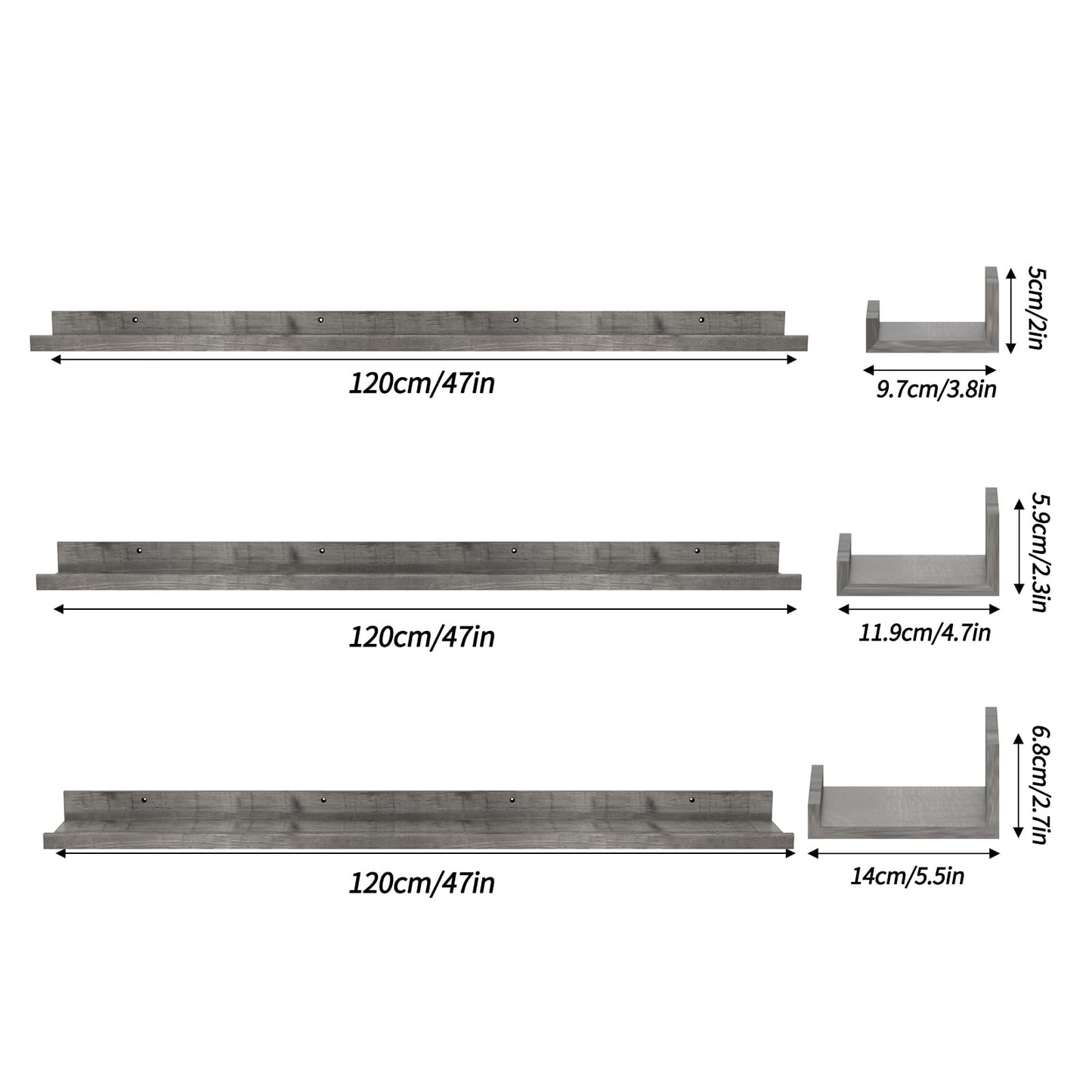 Giftgarden 47 Inch Gray Floating Shelves for Wall Mount, Grey Wood Wall Shelf Ledge for Bathroom Bedroom Living Room Kitchen Storage, Set of 3 Different Sizes