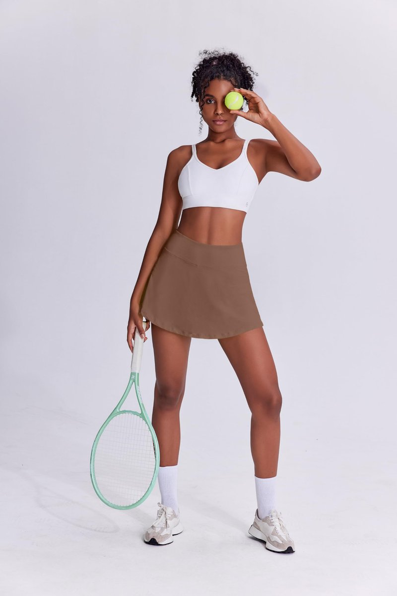 PINSPARK Tennis Skirts for Women Mini Pleated Skirt 13" Mini Athletic Skort Inner Shorts Pocket Golf Outfits,Brown X-Large