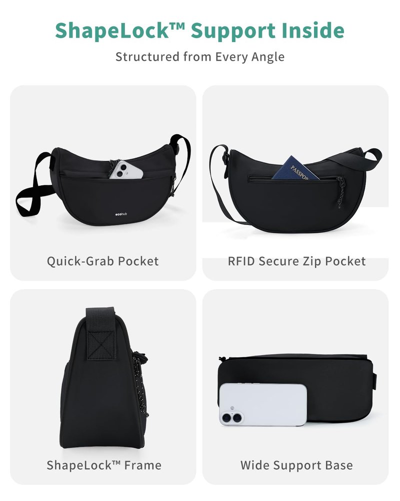 ECOHUB Anti Theft Crossbody Bag for Women and Men, Structured Lightweight Nylon Everyday Sling Bag with RFID Pocket, Adjustable Strap for Travel, Work and Daily Carry, Black