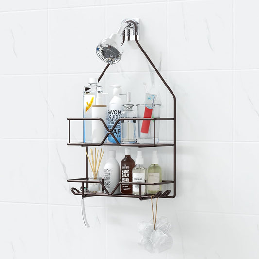 TreeLen Shower Caddy - Over Shower Head Bathroom Organizer with 4 Hooks for Shampoo - Bronze