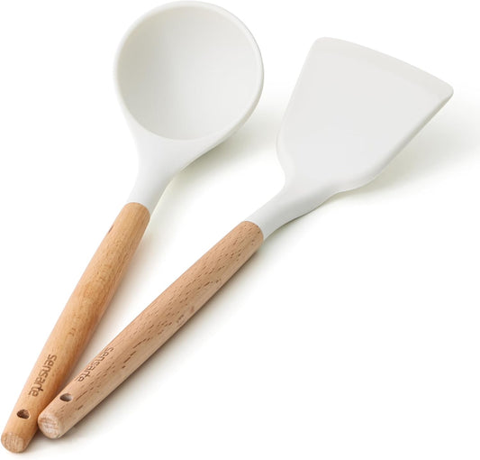 SENSARTE Silicone Cooking Utensils Set - 2-Piece Spatula & Ladle with Wooden Handle | White