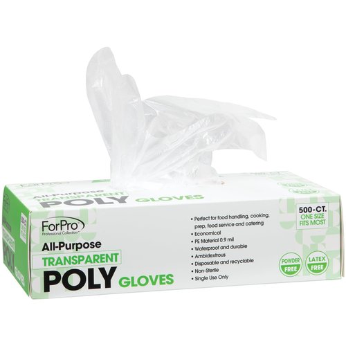 ForPro Disposable Poly Gloves, Food Grade, BPA-Free, Latex-Free, Powder-Free, Lightweight Plastic Gloves for Cooking, Food Prep, Food Service, One Size Fits Most, Clear, 500-Count
