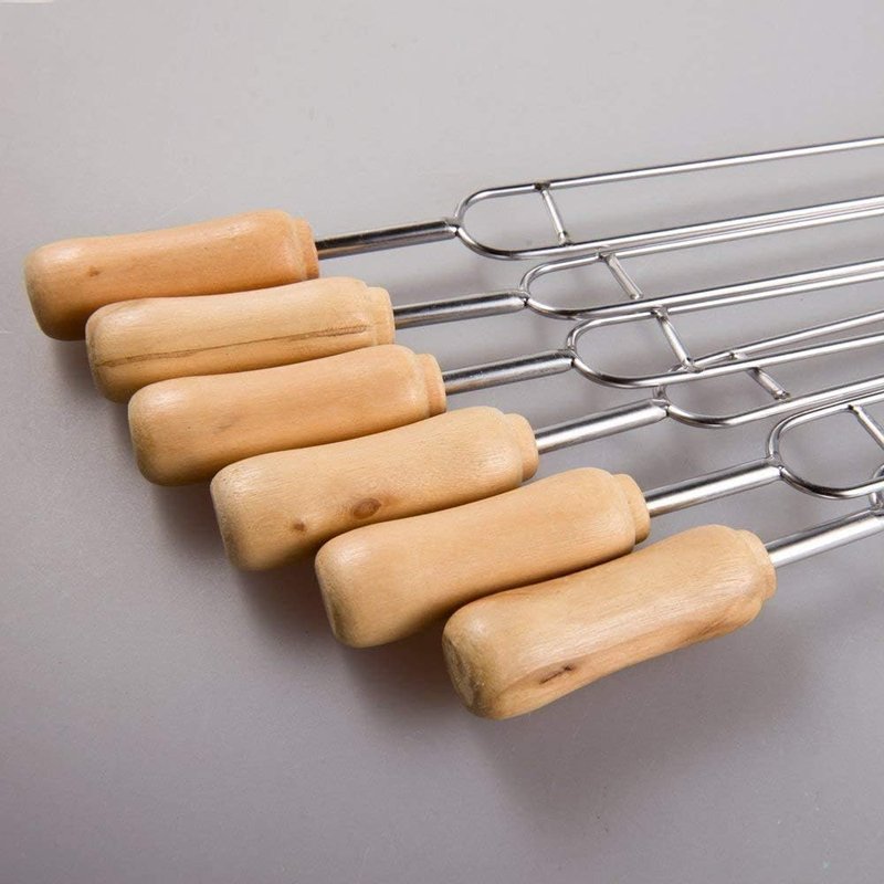 IMEEA 15.3-Inch Double Prong Stainless Steel Kabob Skewers for Grilling BBQ Kebabs Skewers with Wooden Handle Reusable Shish Kebab Forks for Meat, Vegetables, Shrimp