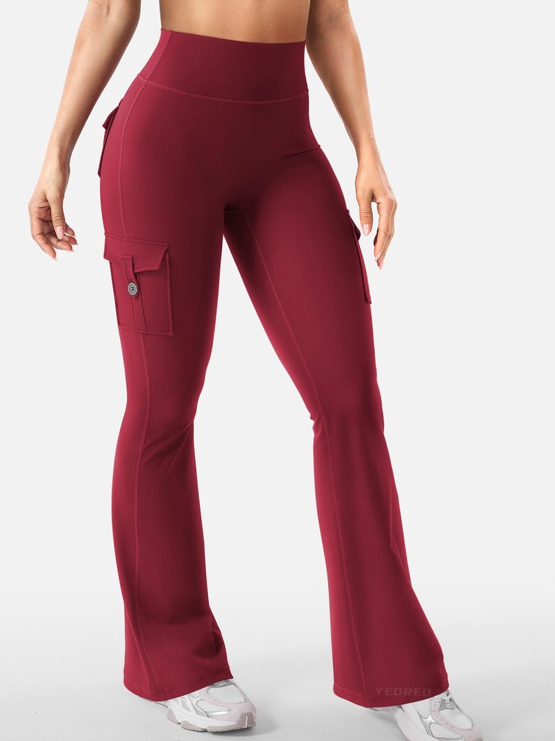 YEOREO CoreFlex Women Workout Flare Leggings with Pockets Hidden Scrunch Cargo Gym Yoga No Front Seam Leggings Wine S