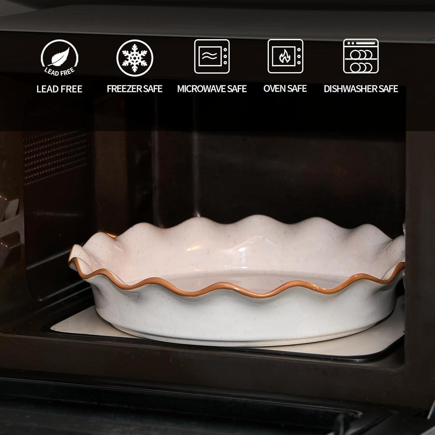 SIDUCAL Non-Stick Ceramic Pie Pan - 10.5 Inch Ruffled Edge, Dishwasher & Oven Safe, White