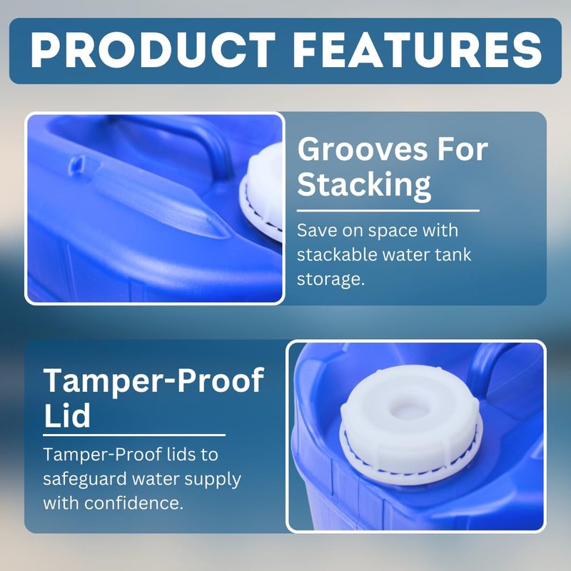 Aguaprep 5-Gallon Stackable Water Storage Containers, 5 Gallons Each w/Lids + Spigot, Easy Fill, Survial Supply Emergency Water Storage for Camping and Disaster Preparedness, RV, 10 Gallon (2 Tanks)