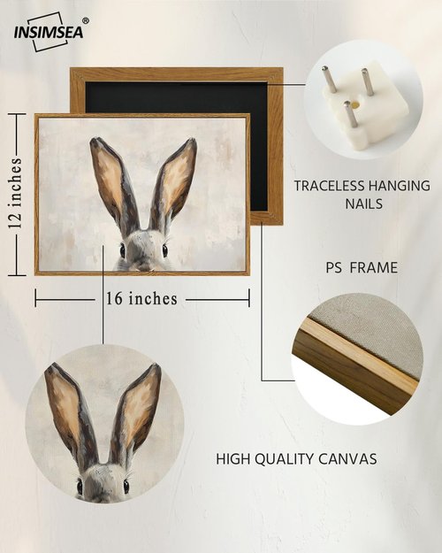 InSimSea Framed Canvas Wall Art - Cute Easter Bunny Decor for Kids' Room | 12x16in Aesthetic Artwork