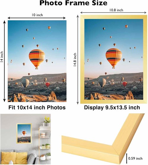 JCJMY Picture Frame - 10x14 Inch Wall Gallery Frame with Shatter-Resistant Plexiglass | Gold Finish