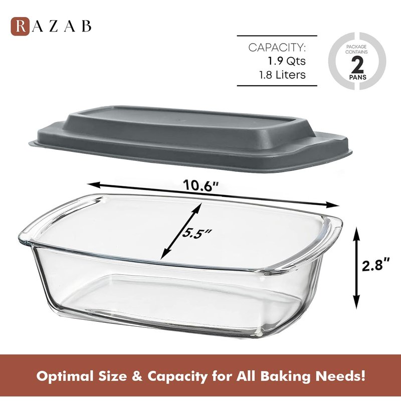 Razab LARGE 7.6 Cups/1800 ML/1.9 Qt Glass Loaf Pan with Lids (Set of 2) - Meatloaf Pan BPA free Airtight Lids Grip Handle Easy Carry, Microwave and Oven Safe - Loaf Pans For Baking Bread, Cakes