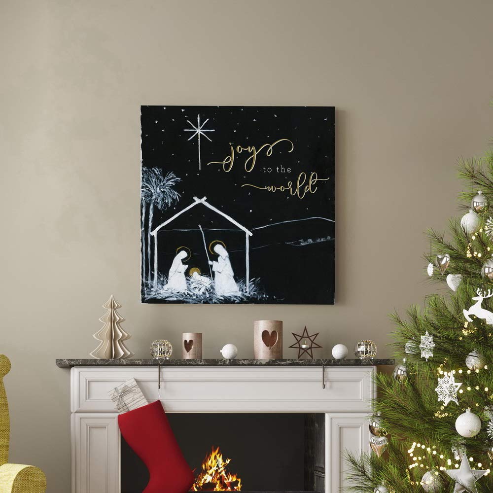 Renditions Gallery Christ in a Manger Wall Art, Religious Christmas, Jesus, Mary, and Joseph, Joy to the World, Premium Gallery Wrapped Canvas Decor, Ready to Hang, 24 in H x 24 in W, Made in America