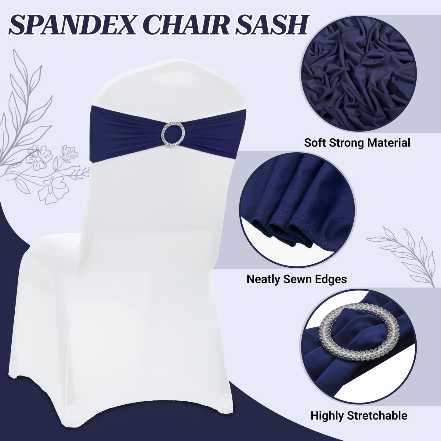 MDS Premium Spandex Chair Sashes - Stretchy Bow Covers with Buckle Slider | Universal Fit for Weddings & Events - Navy Blue