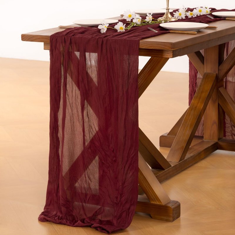 Socomi Burgundy Red Summer Table Runner Cheesecloth Boho Rustic Gauze 120 inch 10FT Cheese Cloth Sheer Runner for Wedding Party Baby Shower Birthday Home Decor Holiday Decorations