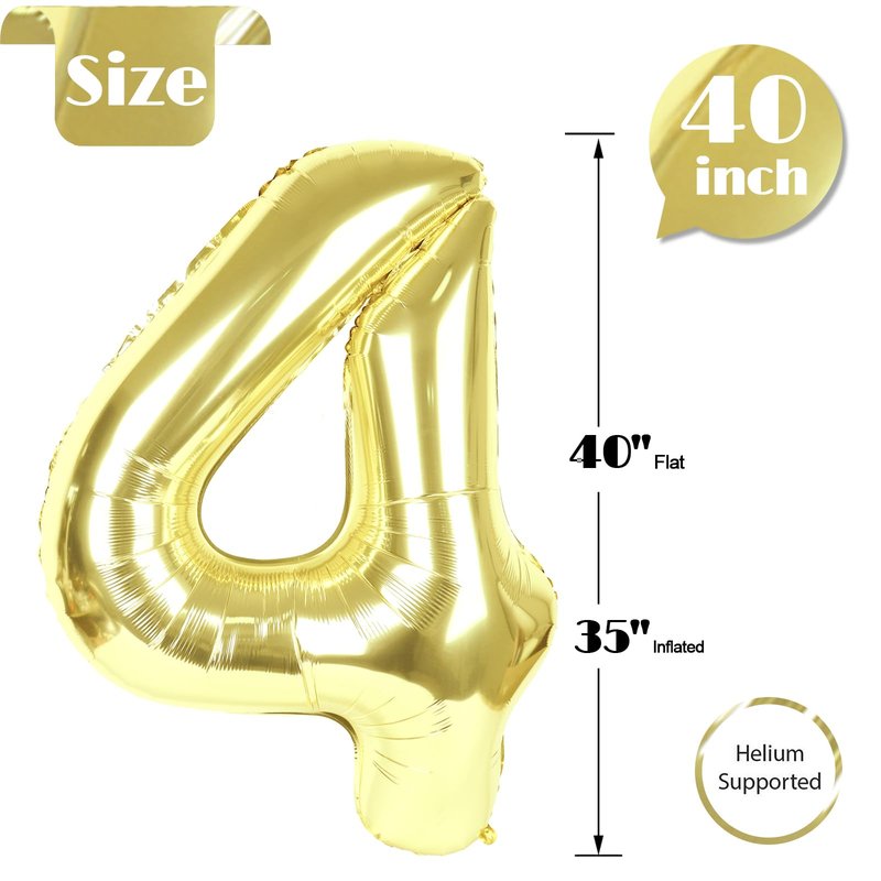 Light Gold Number 4 Balloon 40 Inch, 4th Birthday Party Decorations for Children, Giant 4 Foil Balloon for Party Supplies