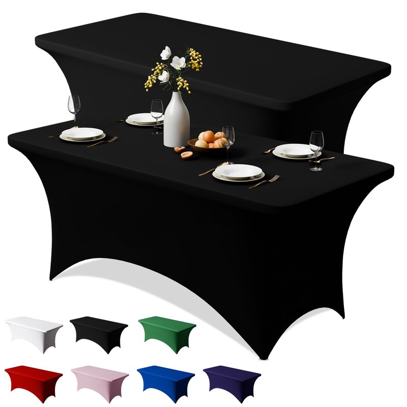 Trlyc 2 Pack 6FT Spandex Table Cloth - 72 x 30 Inch Rectangular Stretch Tablecloth, Wrinkle Resistant Scretch Table Cover for Wedding, Party, Banquet, Picnic, Outdoor Decoration (2Pcs,Black)
