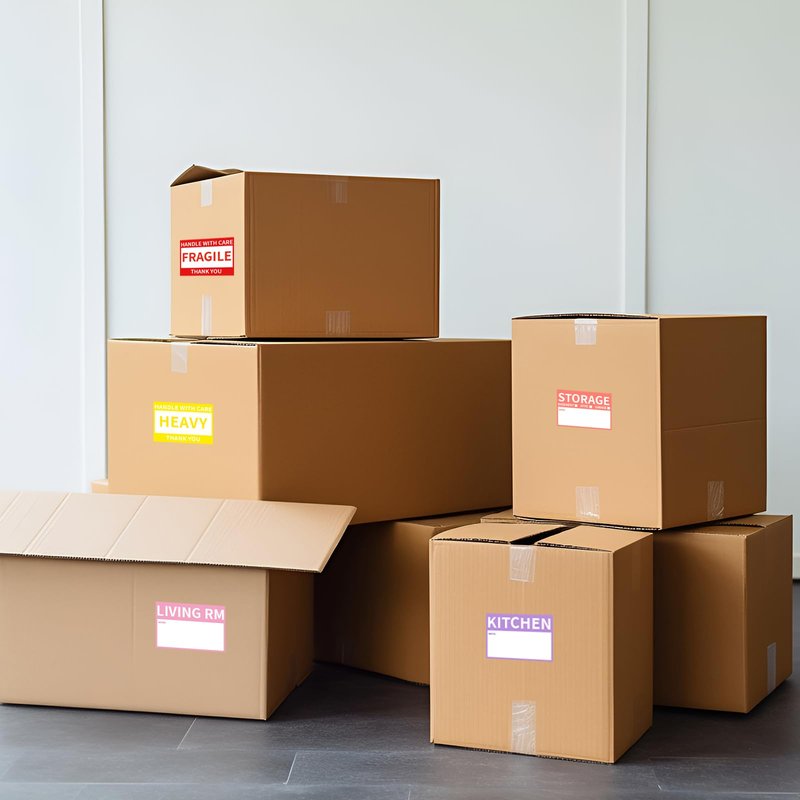 Ououstate 300 Count 2” x 3’’ Removable Home Moving Box Packing Labels for 1/2/3/4 Bedroom Rooms, 9 Designs Waterproof Color-Coded Moving Stickers Including Fragile 、Heavy and Blank Labels