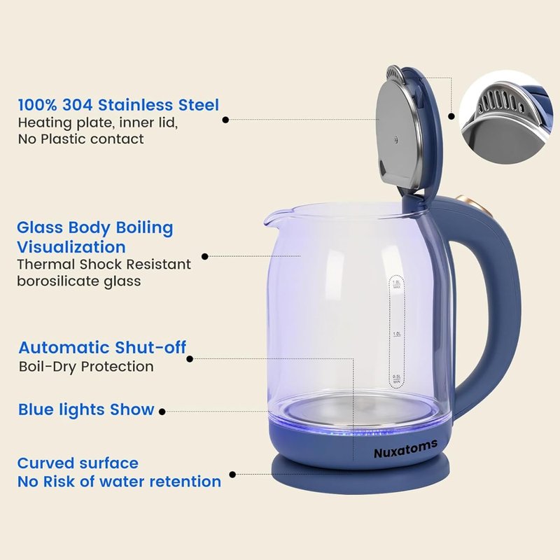 Nuxatoms Glass Electric Kettle, No Plastic Contact With Water, 1.8L Electric Tea Pot, Automatic Shut-off, Borosilicate glass Visual Boiling, Water Heater & Teapot Perfect For Tea & Coffee
