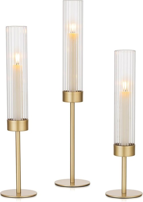 Hewory Gold Hurricane Candle Holders - Set of 3 Tall Brass Taper Holders for Elegant Table Decor