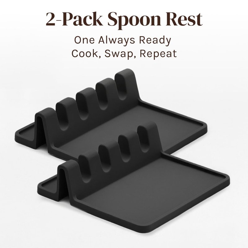 Cooler Kitchen Black Silicone Spoon Rest for Stove Top with Drip Pad (Two Pack) - Heat-Resistant, BPA-Free Utensil Rest & Spoon Holder for Kitchen Counter - Grill Utensil Holder for Spatulas