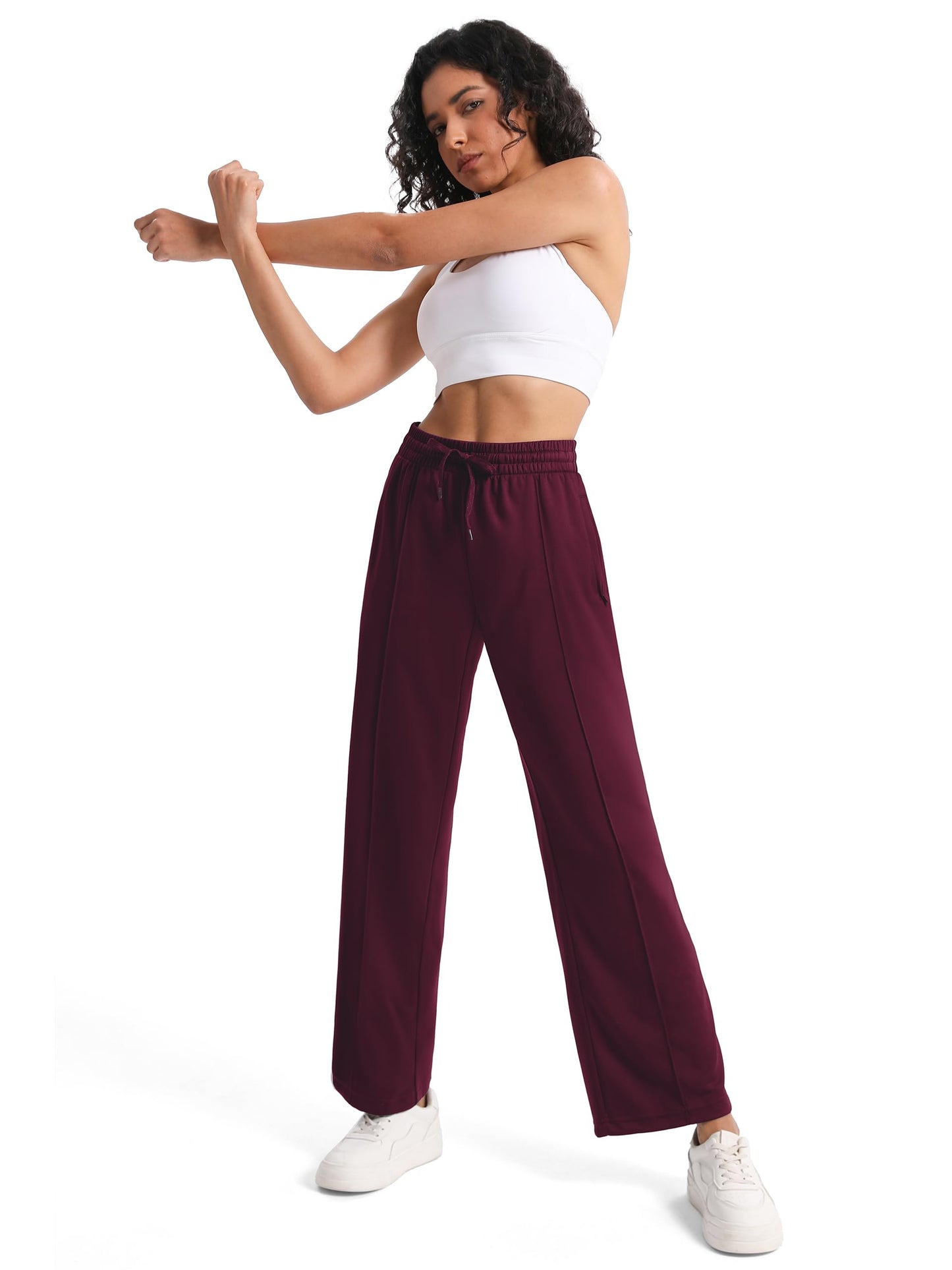 Tapata Extra Tall Woman 36" Inseam Stripes Sweat Pant High Waisted Drawstring Gym Exercise Lounge Joggers, Burgundy, XL