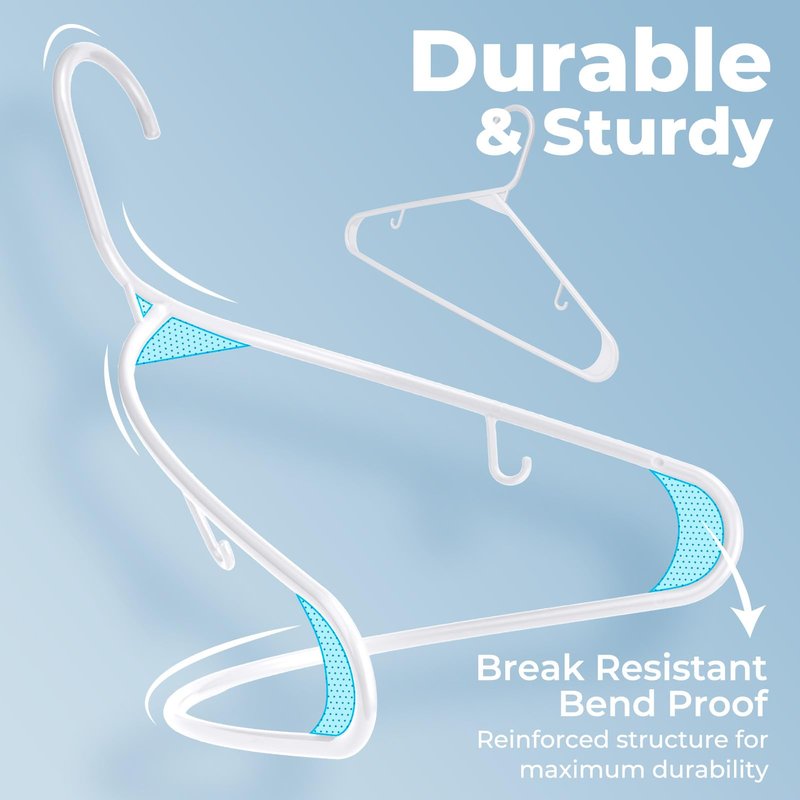 HOUSE DAY White Plastic Hangers 50 Pack, Plastic Clothes Hangers with Built-in Hooks, Durable and Strong Plastic Coat Hangers for Closet, Space Saving Clothing Hanger for Shirts, Coats, Skirt, Dress