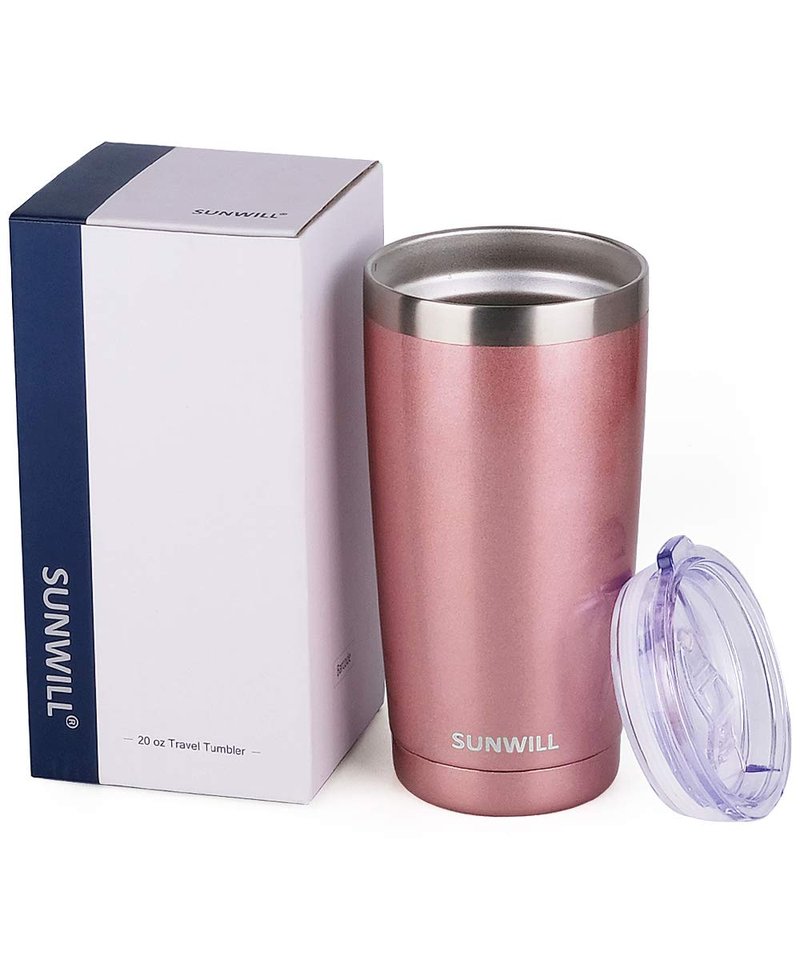 SUNWILL Travel Coffee Tumbler 20 oz, Insulated Mug with Lid, Stainless Steel Cup for Hot and Cold Drinks, Rose Gold