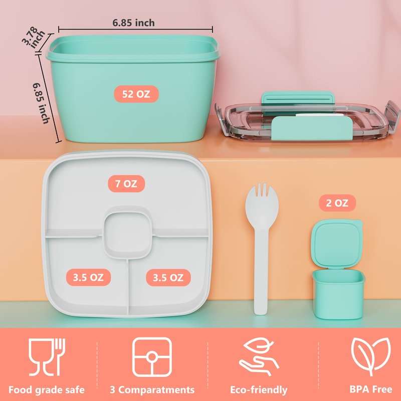Cherrysea Salad Lunch Container, 68oz Salad Bowls with 4 Compartments Tray,Leak Proof Lunch Box with Fork for Men,Women BPA-Free Snack Container with Sauce Container for Dressings-Grey