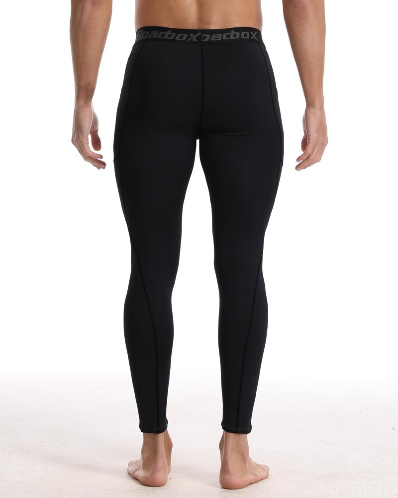 Roadbox Compression Pants Men, Running Workout Leggings with Pockets, Gym Basketball Athletic Tights Base Layer Black