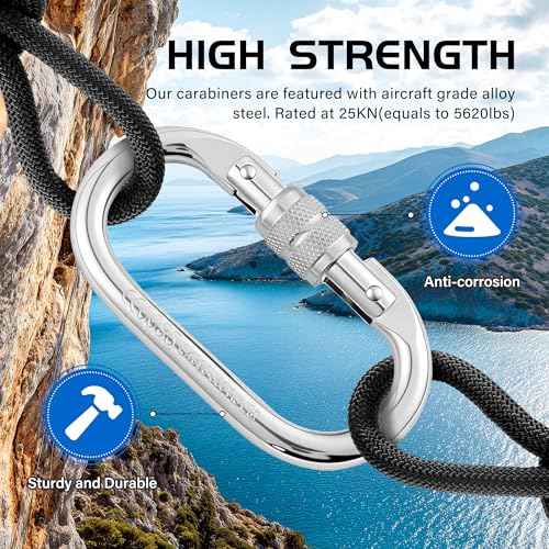 Heavy Duty Climbing Carabiner, Rated 25kN(5620lbs), Screw Locking Carabiner Clip, Oval Shape Carabiner for Rappelling, Hammocks, Aerial Work, Rigging, Rescue, Arborist