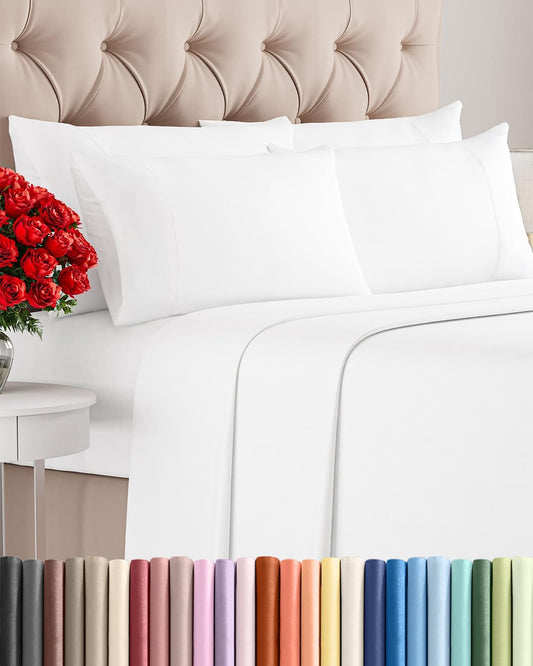 Queen 6 Piece Sheet Set - Comfy Cooling Luxury Bedding - 1 Flat, 1 Fitted Sheet & 4 Pillowcases - Wrinkle-Free White