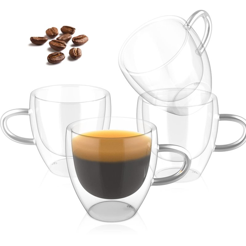 ONEDONE Espresso Cups Set of 4-2.8 OZ Double Walled Glass Hand Blown Espresso Shots Glass Thermo Insulated Expresso Coffee Mugs with Handle Small Demitasse Cups for Espresso Machine